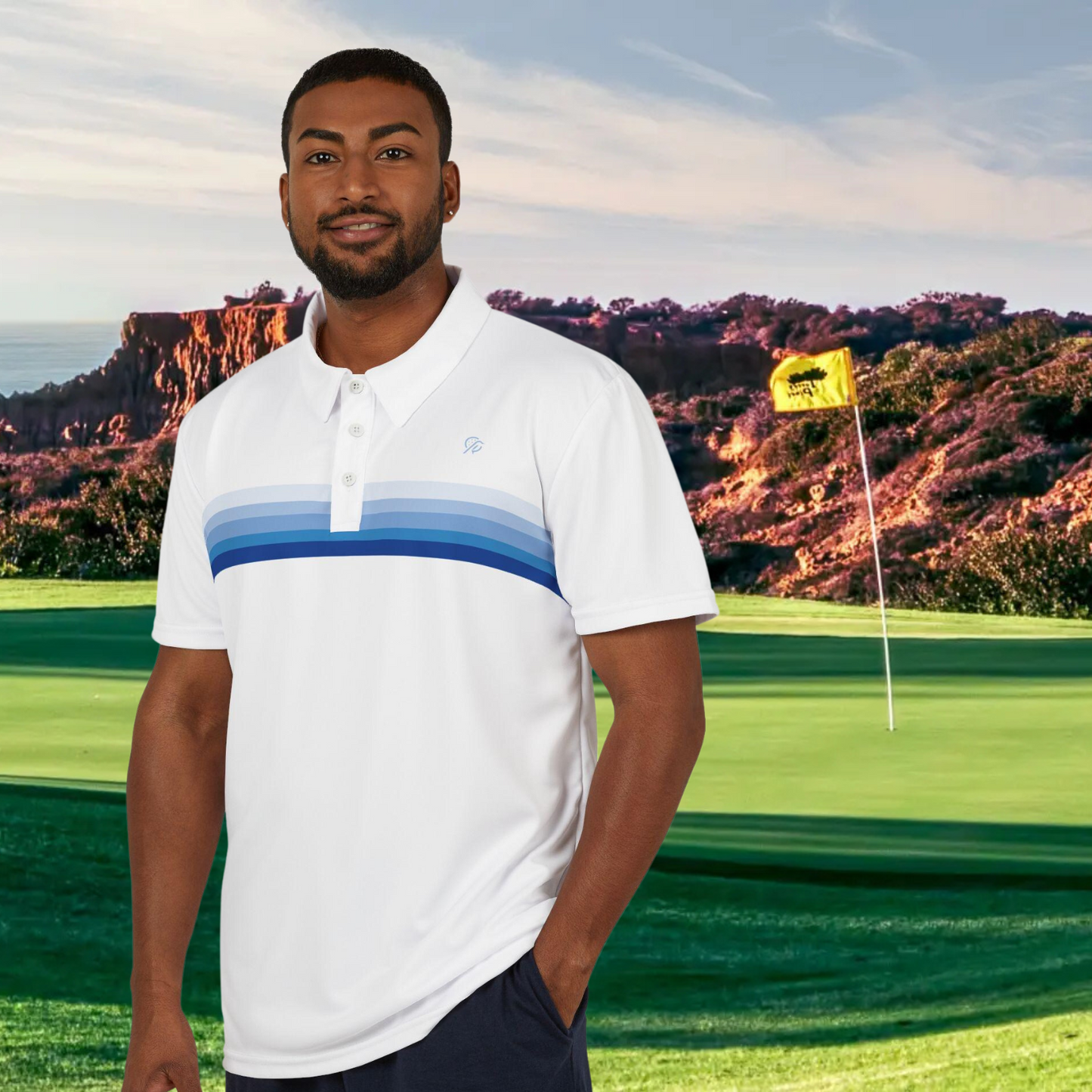 Dirty Birdie Golf Polo - Torrey Pines White Ocean Blue Stripes  - Redefining Golf Fashion