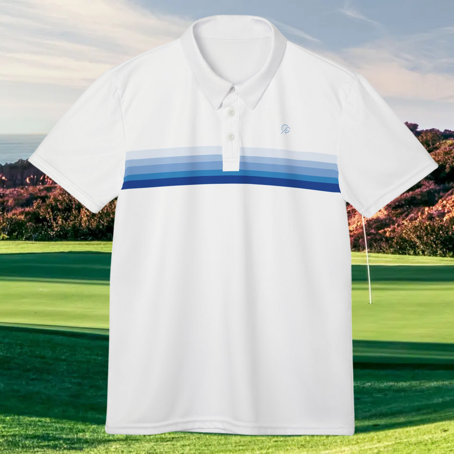 Dirty Birdie Golf Polo - Torrey Pines White Ocean Blue Stripes  - Redefining Golf Fashion