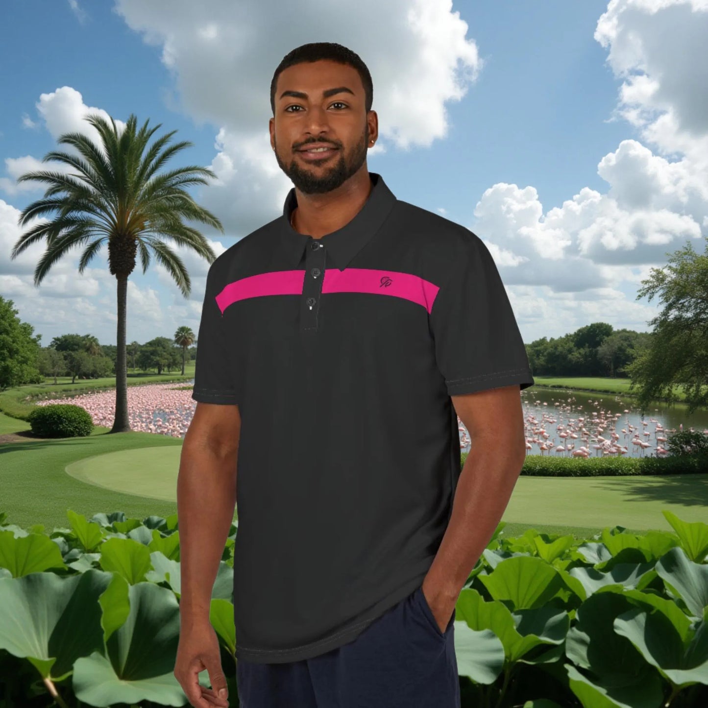 Dirty Birdie Golf Polo - Black & Pink Langston Flamingo - Swag Meets Swing